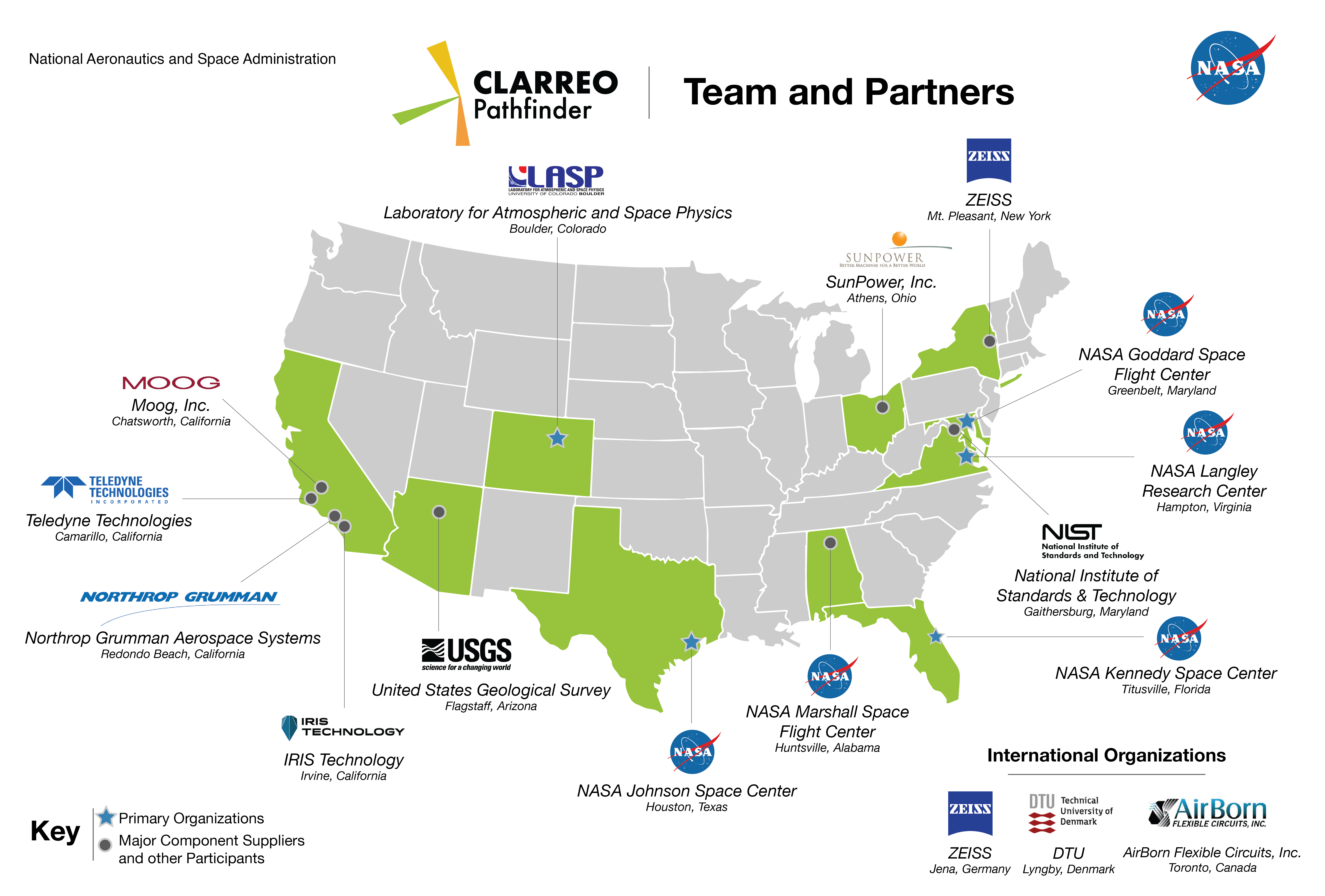 Map of the United States with the CLARREO Pathfinder team and partners shown by geographic location