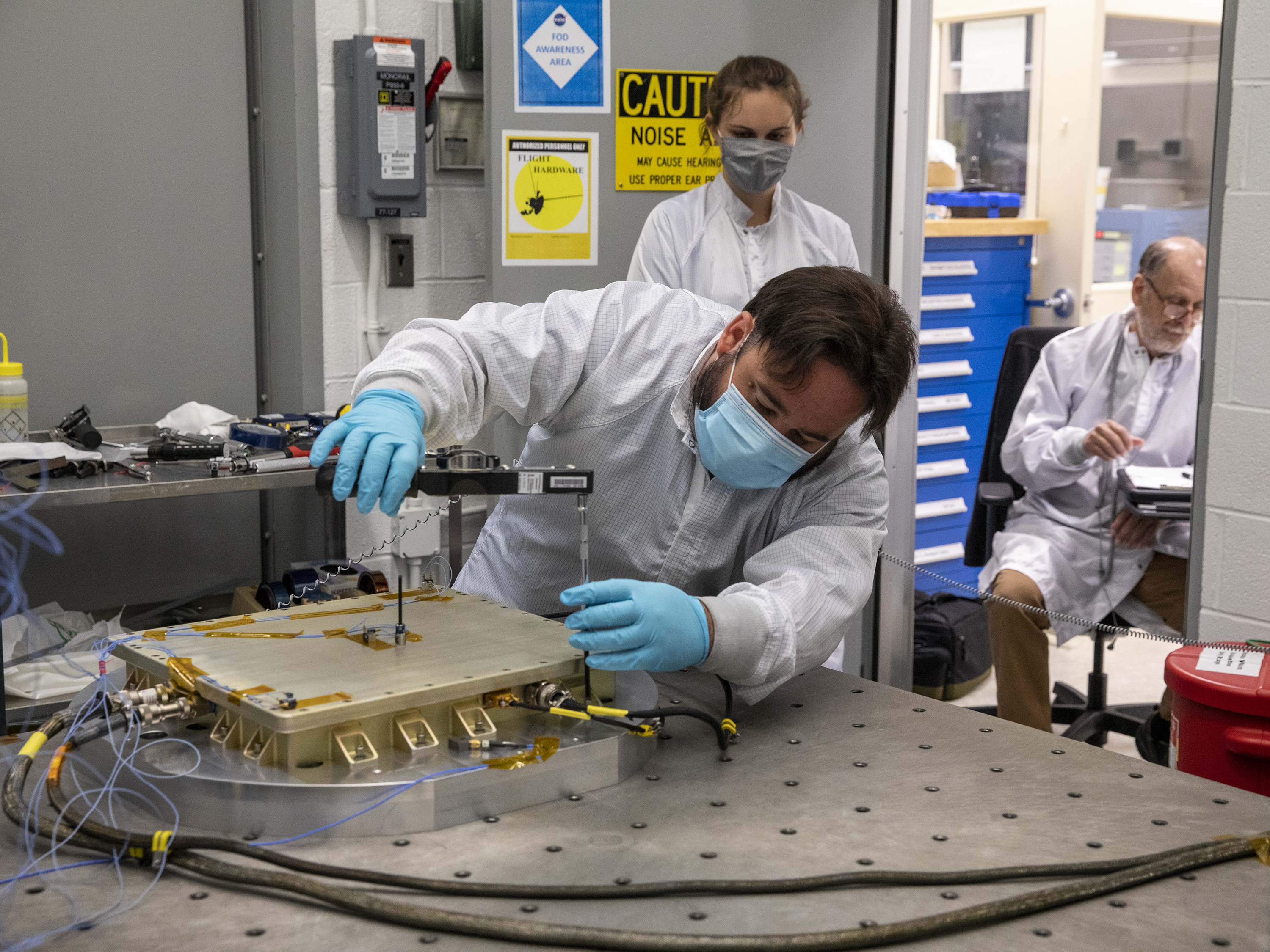 Stephen Bowen, Robert Walker, Juan Mosquera, David McLain, Kenny Elliott are involved with the testing for the CLARREO PF PCU. Photo Credit: NASA/Dave Bowman