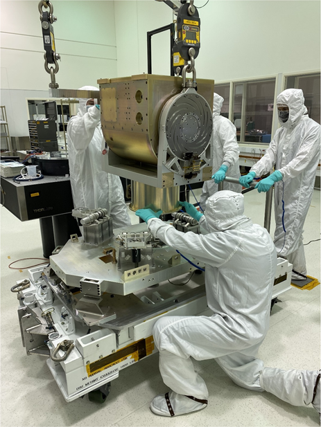The HySICS Pointing System is moved onto the baseplate at LASP