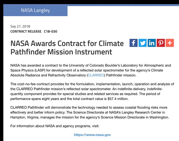 NASA Awards CPF Prime Contract to Laboratory for Atmosphere and Space Physics (LASP)