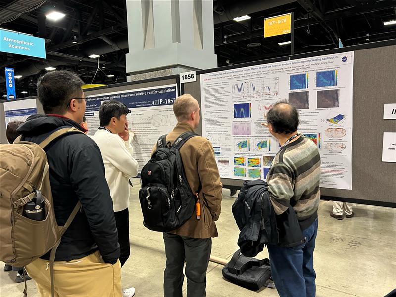 Dr. Qiguang Yang discusses his science results at the poster session at the Fall AGU Annual Meeting in December 2024.