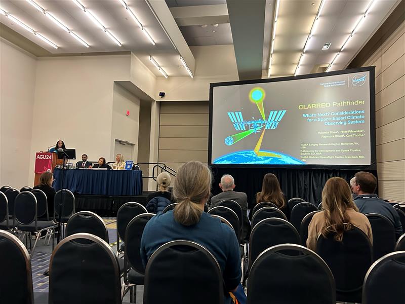 Dr. Yolanda Shea delivers a presentation titled "What's Next? Considerations for a Space-based Climate Observing System" at the Fall AGU Annual Meeting in December 2024.